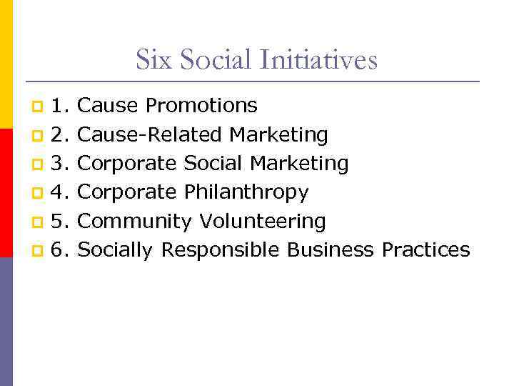 Six Social Initiatives 1. p 2. p 3. p 4. p 5. p 6.