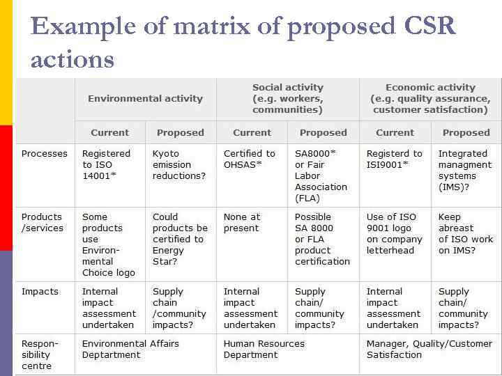 Example of matrix of proposed CSR actions 