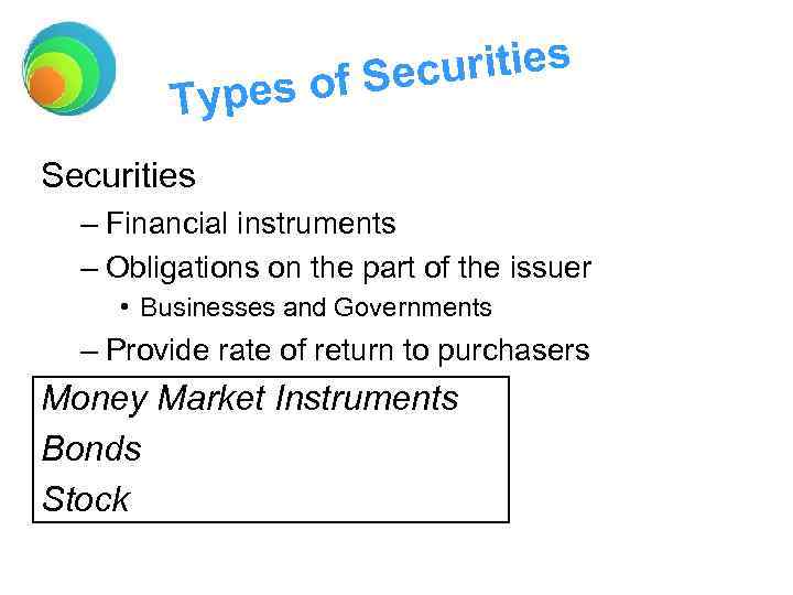 urities of Sec Types Securities – Financial instruments – Obligations on the part of