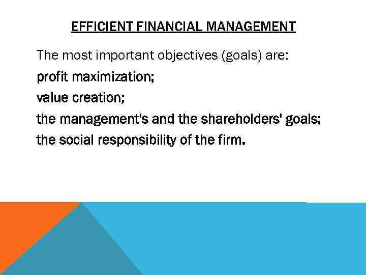 EFFICIENT FINANCIAL MANAGEMENT The most important objectives (goals) are: profit maximization; value creation; the