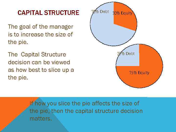 CAPITAL STRUCTURE 70% Debt 30% Equity The goal of the manager is to increase