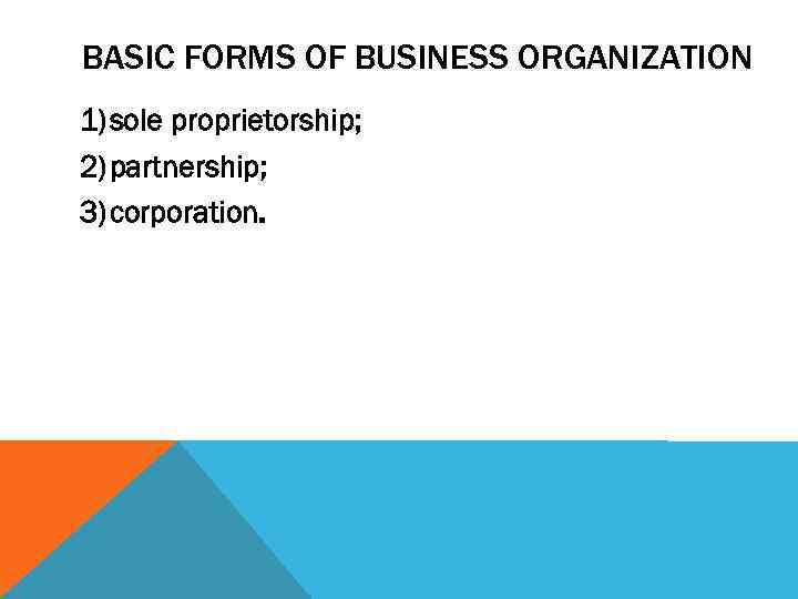 BASIC FORMS OF BUSINESS ORGANIZATION 1)sole proprietorship; 2)partnership; 3)corporation. 