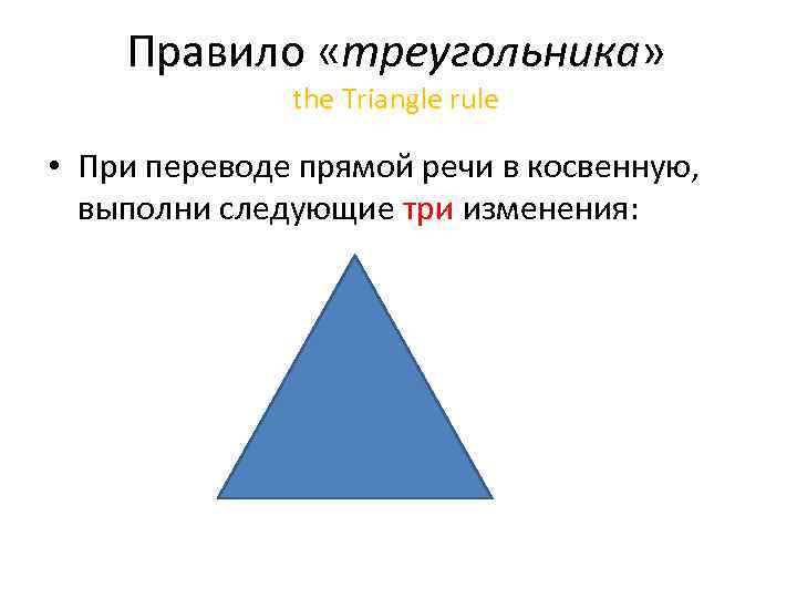 Правило «треугольника» the Triangle rule • При переводе прямой речи в косвенную, выполни следующие