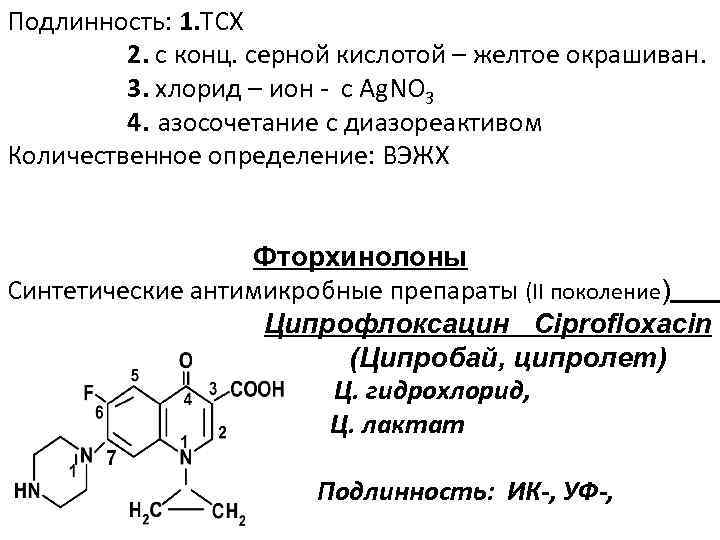 Подлинность: 1. ТСХ 2. с конц. серной кислотой – желтое окрашиван. 3. хлорид –