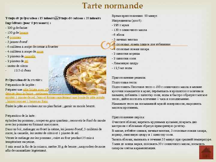 Tarte normande Temps de préparation : 15 minutes Temps de cuisson : 35 minutes Ingrédients