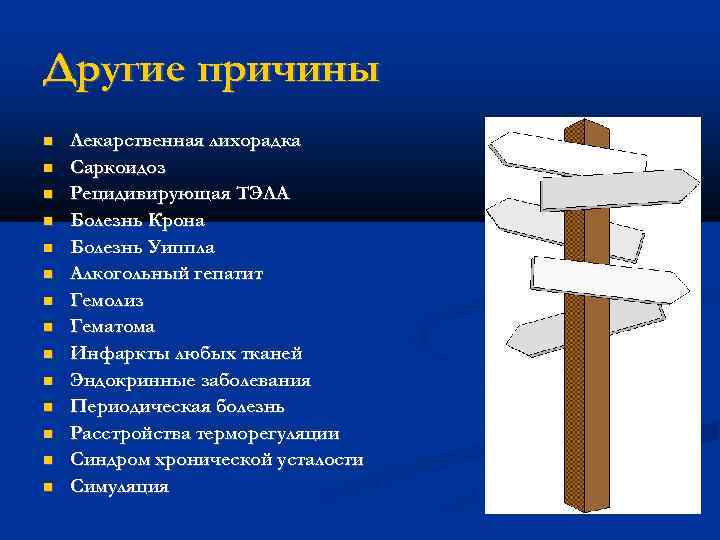Другие причины Лекарственная лихорадка Саркоидоз Рецидивирующая ТЭЛА Болезнь Крона Болезнь Уиппла Алкогольный гепатит Гемолиз