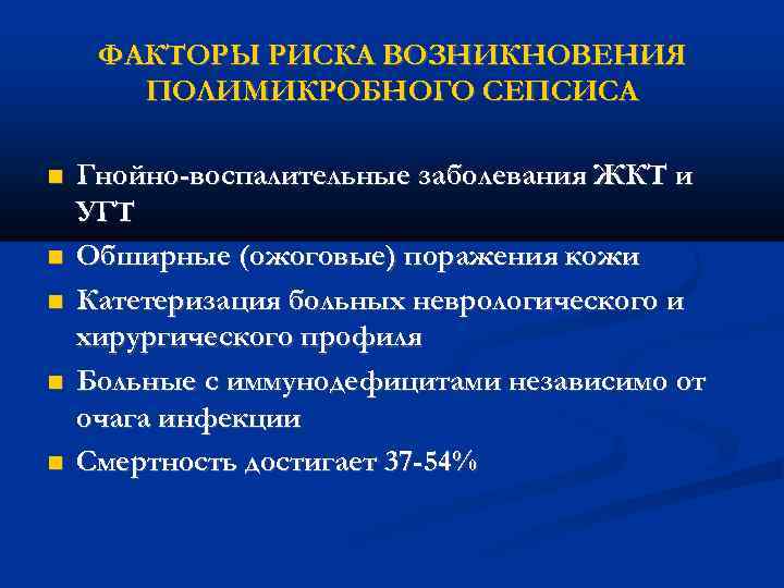 ФАКТОРЫ РИСКА ВОЗНИКНОВЕНИЯ ПОЛИМИКРОБНОГО СЕПСИСА Гнойно-воспалительные заболевания ЖКТ и УГТ Обширные (ожоговые) поражения кожи
