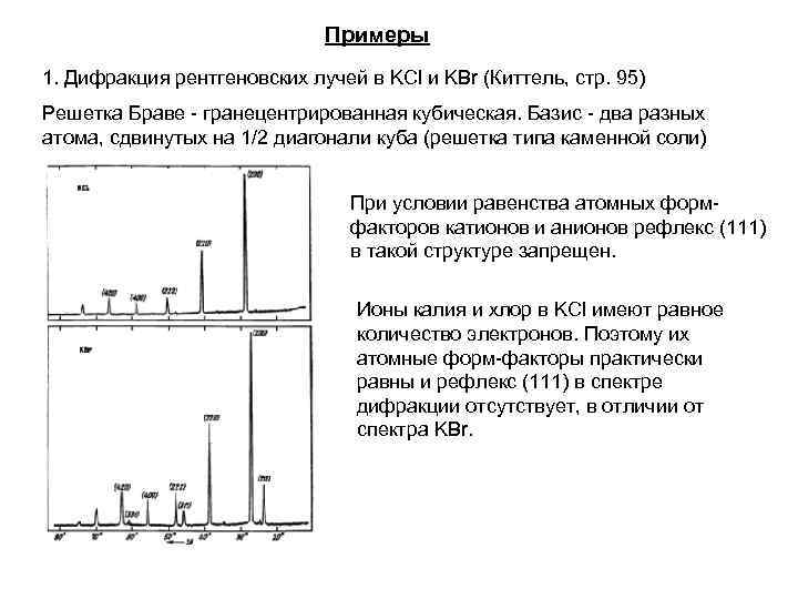Примеры 1. Дифракция рентгеновских лучей в KCl и KBr (Киттель, стр. 95) Решетка Браве