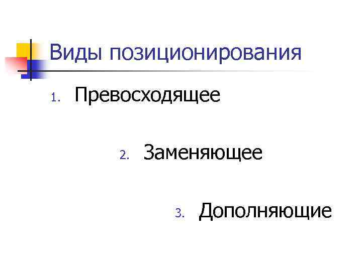 Виды позиционирования 1. Превосходящее 2. Заменяющее 3. Дополняющие 