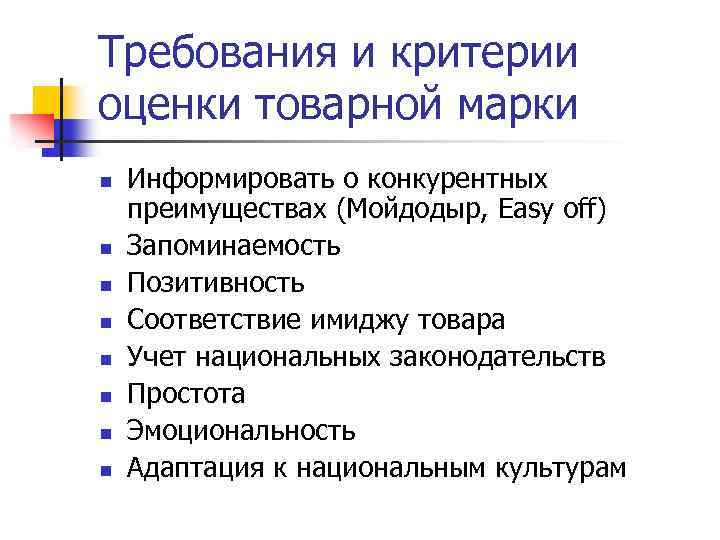 Требования и критерии оценки товарной марки n n n n Информировать о конкурентных преимуществах