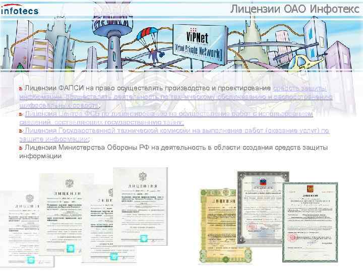 Лицензии ОАО Инфотекс ь Лицензии ФАПСИ на право осуществлять производство и проектирование средств защиты