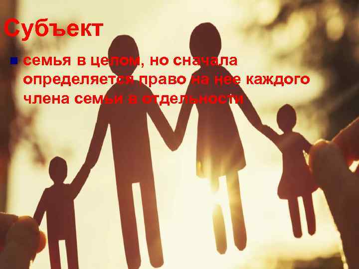 Субъект n семья в целом, но сначала определяется право на нее каждого члена семьи