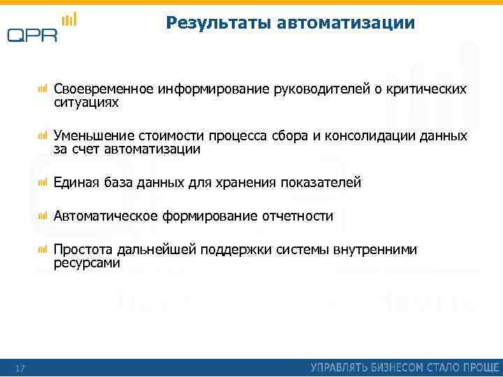 Результаты автоматизации Своевременное информирование руководителей о критических ситуациях Уменьшение стоимости процесса сбора и консолидации