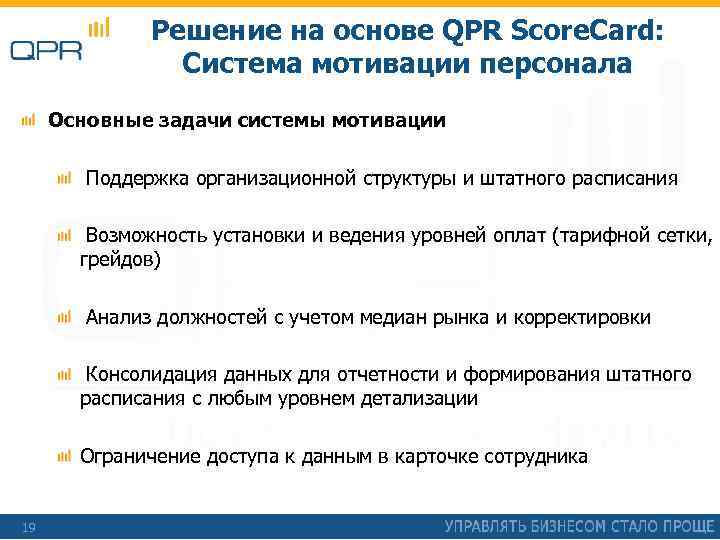 Решение на основе QPR Score. Card: Система мотивации персонала Основные задачи системы мотивации Поддержка