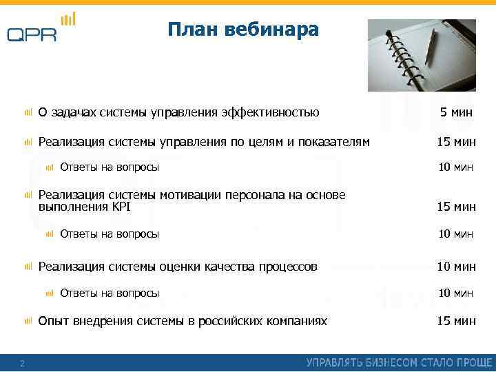 План вебинара О задачах системы управления эффективностью 5 мин Реализация системы управления по целям