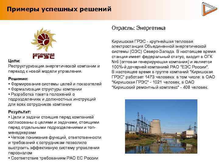 Примеры успешных решений Отрасль: Энергетика Цели: Реструктуризация энергетической компании и переход к новой модели