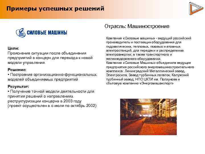 Примеры успешных решений Отрасль: Машиностроение Цели: Прояснение ситуации после объединения предприятий в концерн для