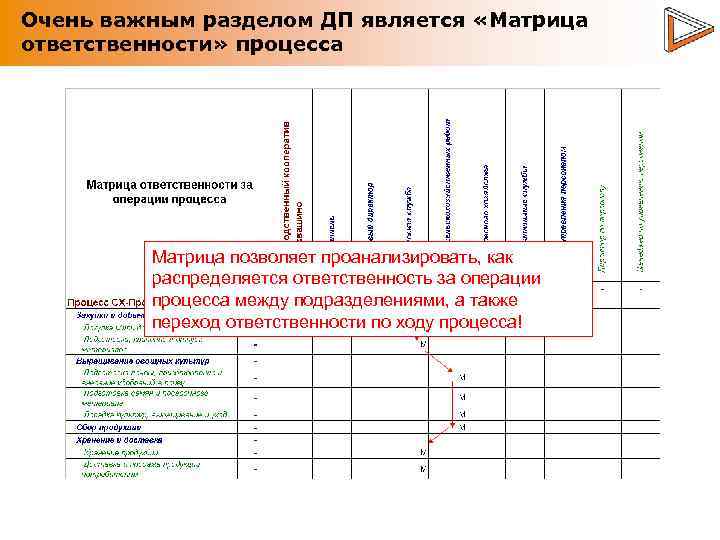 Очень важным разделом ДП является «Матрица ответственности» процесса Матрица позволяет проанализировать, как распределяется ответственность