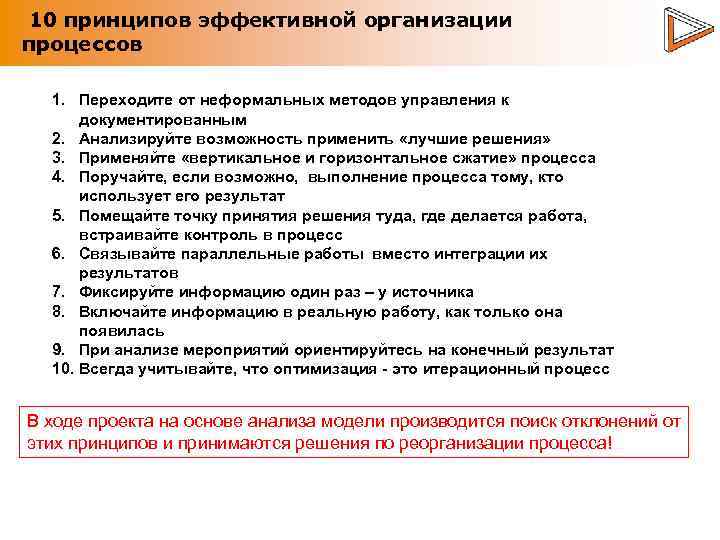 10 принципов эффективной организации процессов 1. Переходите от неформальных методов управления к документированным 2.