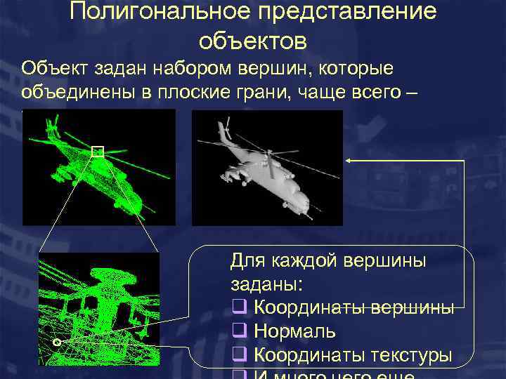 Полигональное представление объектов Объект задан набором вершин, которые объединены в плоские грани, чаще всего