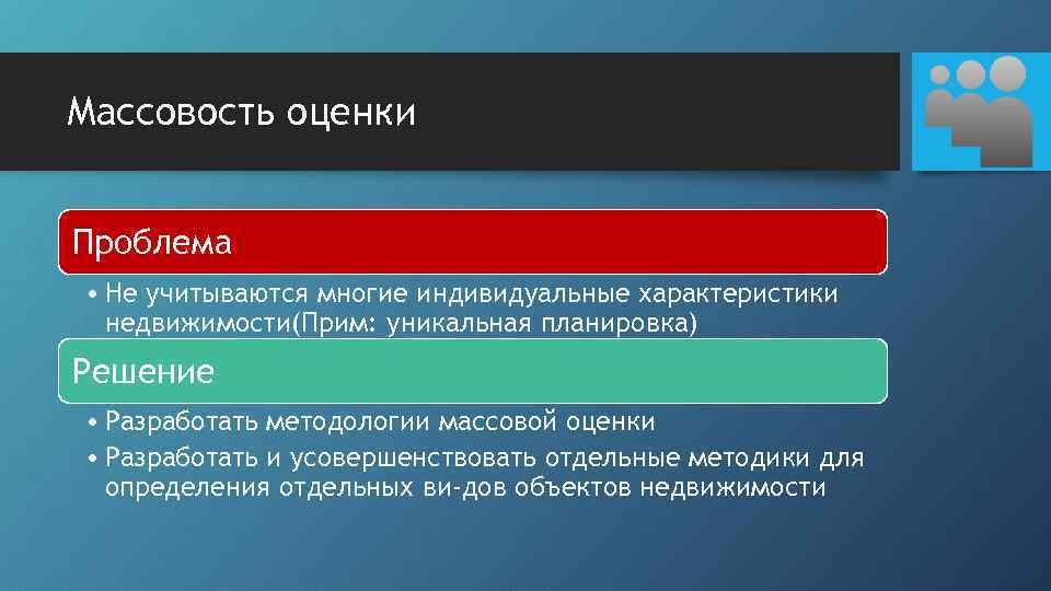 Массовость оценки Проблема • Не учитываются многие индивидуальные характеристики недвижимости(Прим: уникальная планировка) Решение •