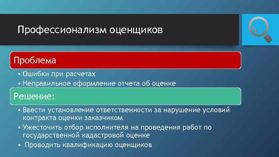 Профессионализм оценщиков Проблема • Ошибки при расчетах • Неправильное оформление отчета об оценке Решение: