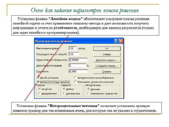 Окно для задания параметров поиска решения Установка флажка 