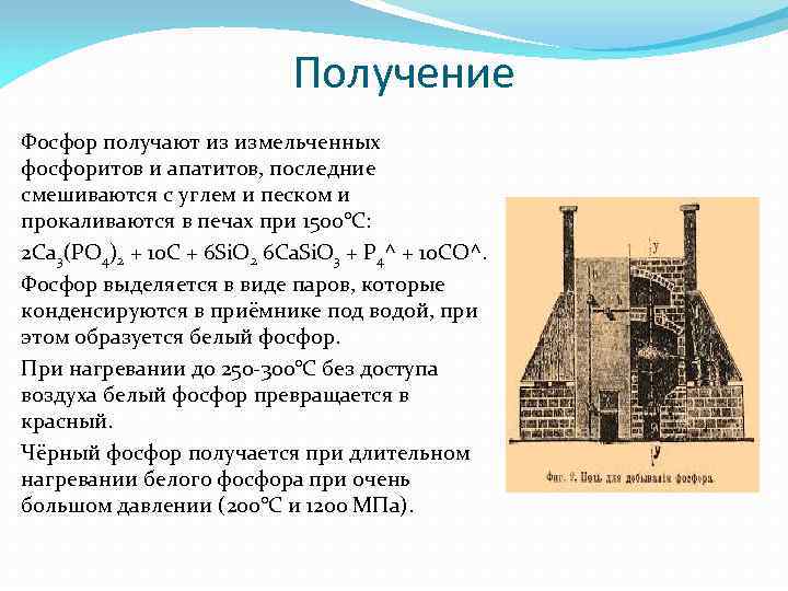 Получение Фосфор получают из измельченных фосфоритов и апатитов, последние смешиваются с углем и песком