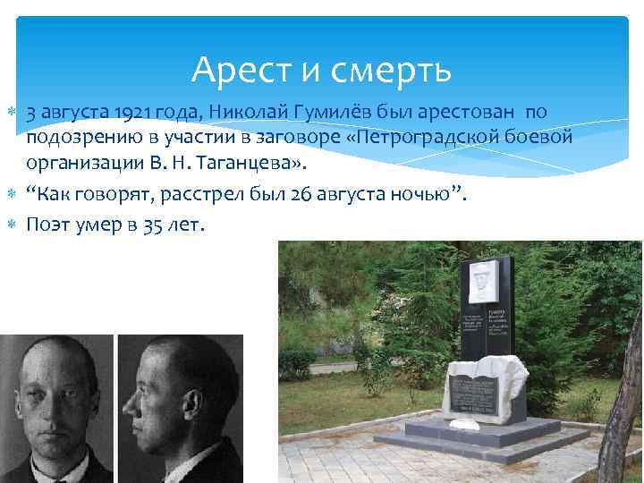 Арест и смерть 3 августа 1921 года, Николай Гумилёв был арестован по подозрению в