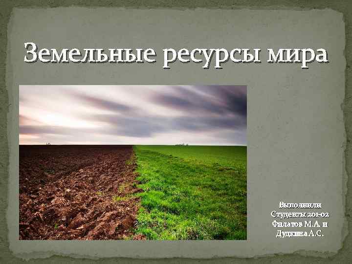 Земельные ресурсы мира Выполнили Студенты 201 -02 Филатов М. А. и Дудкина А. С.