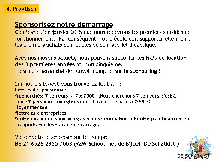 4. Praktisch Sponsorisez notre démarrage Ce n’est qu’en janvier 2015 que nous recevrons les