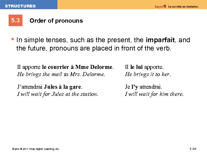 5. 3 Order of pronouns • In simple tenses, such as the present, the