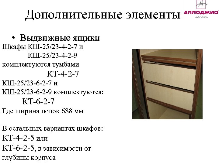 Дополнительные элементы • Выдвижные ящики Шкафы КШ-25/23 -4 -2 -7 и КШ-25/23 -4 -2