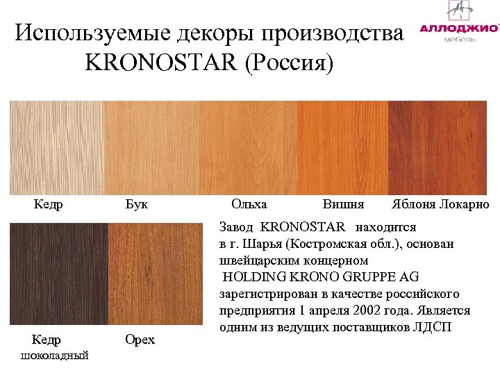 Используемые декоры производства KRONOSTAR (Россия) Кедр шоколадный Бук Орех Ольха Вишня Яблоня Локарно Завод