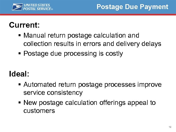 Postage Due Payment Current: § Manual return postage calculation and collection results in errors