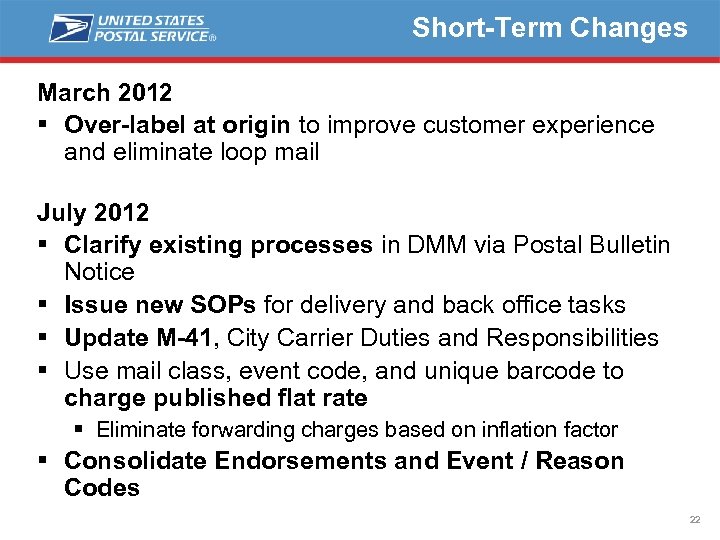 Short-Term Changes March 2012 § Over-label at origin to improve customer experience and eliminate