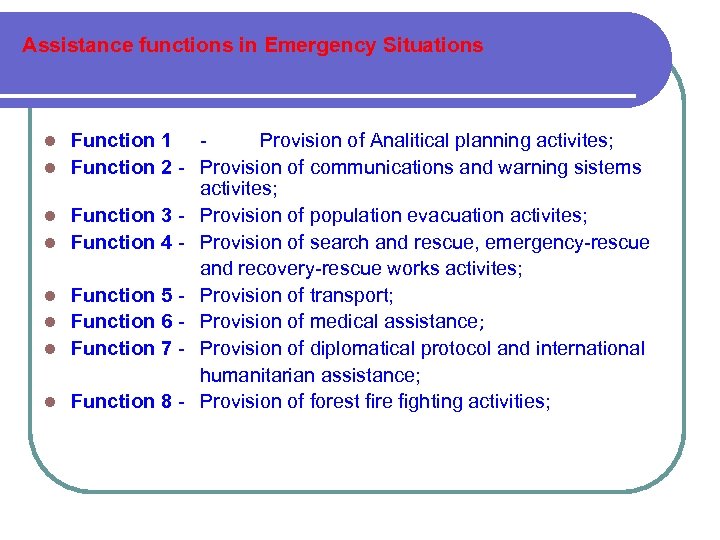 Assistance functions in Emergency Situations Function 1 Provision of Analitical planning activites; Function 2