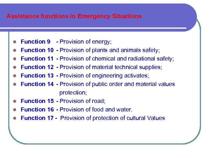 Assistance functions in Emergency Situations Function 9 Function 10 Function 11 Function 12 Function