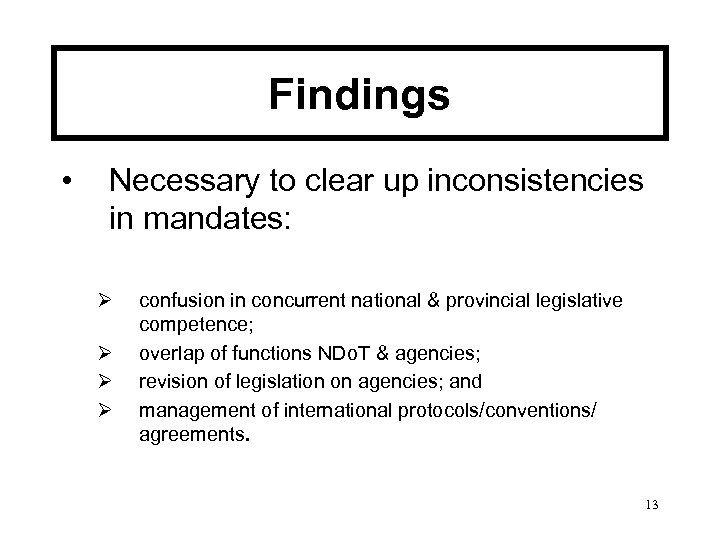 Findings • Necessary to clear up inconsistencies in mandates: Ø Ø confusion in concurrent