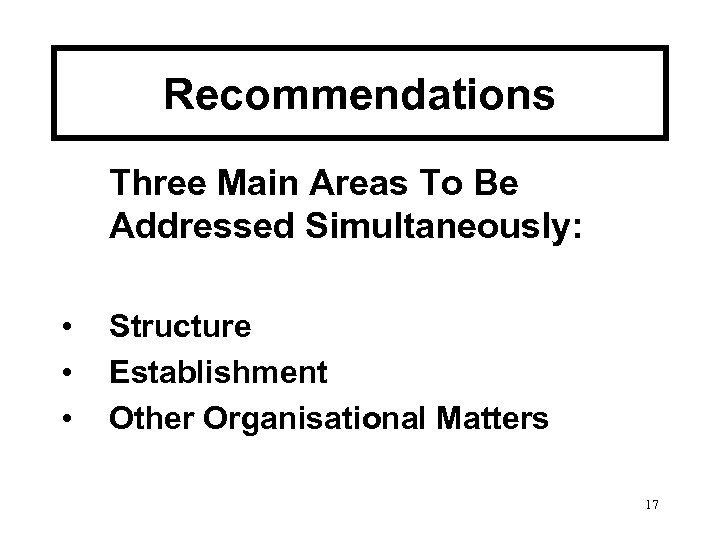 Recommendations Three Main Areas To Be Addressed Simultaneously: • • • Structure Establishment Other