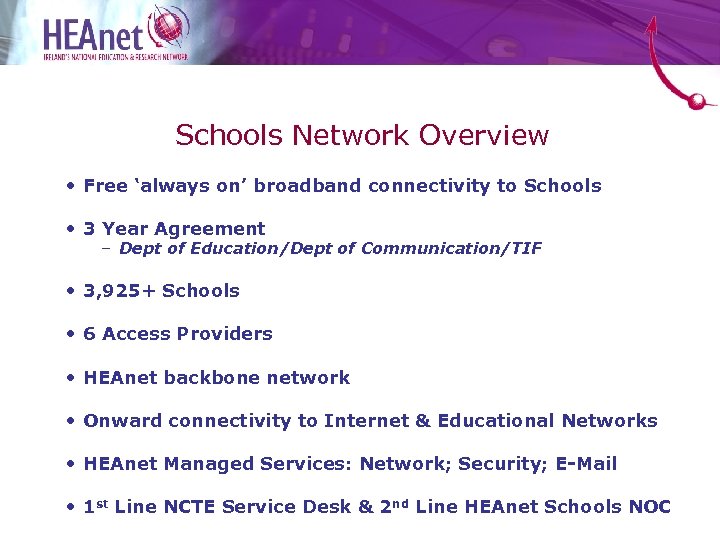 Schools Network Overview • Free ‘always on’ broadband connectivity to Schools • 3 Year