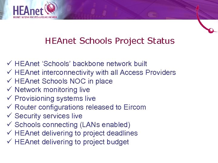 HEAnet Schools Project Status ü ü ü ü ü HEAnet ‘Schools’ backbone network built