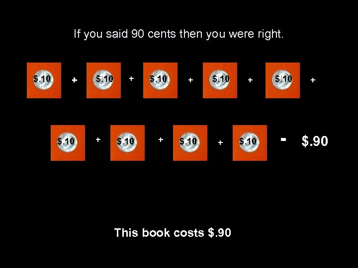 If you said 90 cents then you were right. $. 10 + $. 10