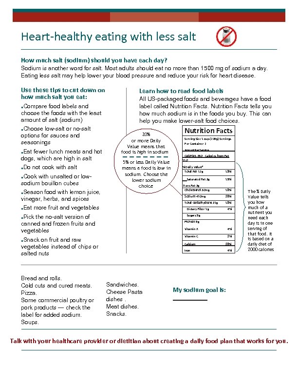 Heart-healthy eating with less salt How much salt (sodium) should you have each day?