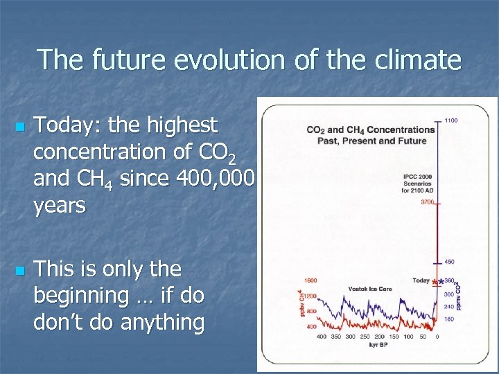The future evolution of the climate n n Today: the highest concentration of CO