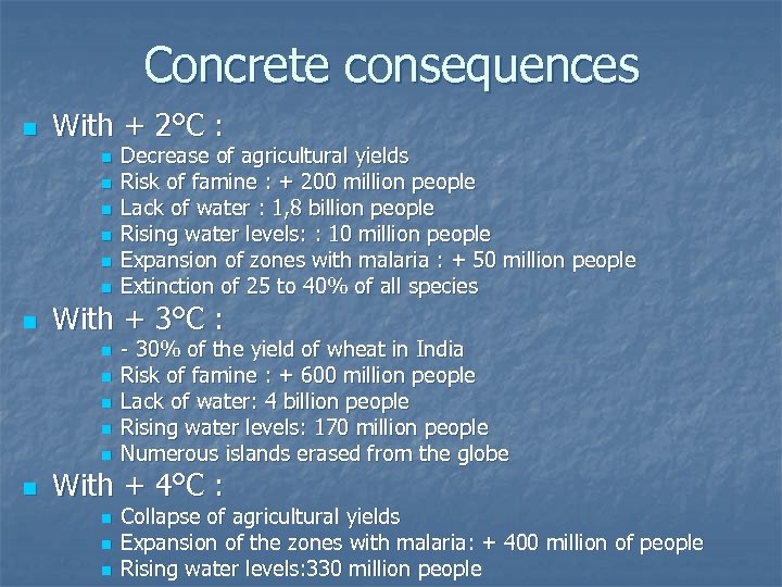 Concrete consequences n With + 2°C : n n n n With + 3°C
