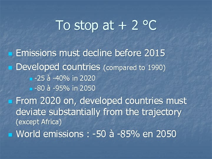 To stop at + 2 °C n n Emissions must decline before 2015 Developed