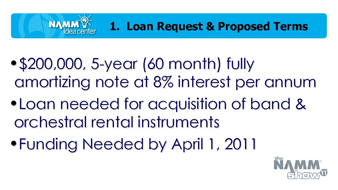 1. Loan Request & Proposed Terms • $200, 000, 5 -year (60 month) fully