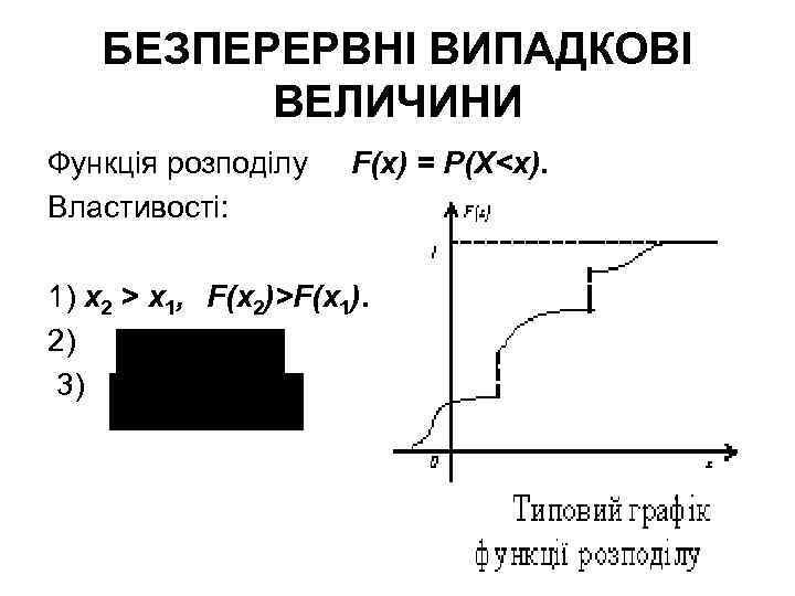 БЕЗПЕРЕРВНІ ВИПАДКОВІ ВЕЛИЧИНИ Функція розподілу Властивості: F(х) = Р(X<х). 1) х2 > х1, F(х2)>F(х1).