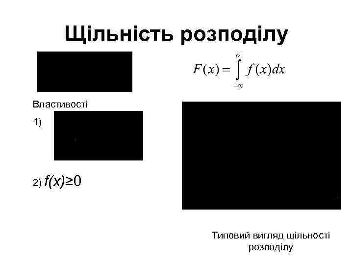 Щільність розподілу Властивості 1) 2) f(x)≥ 0 Типовий вигляд щільності розподілу 